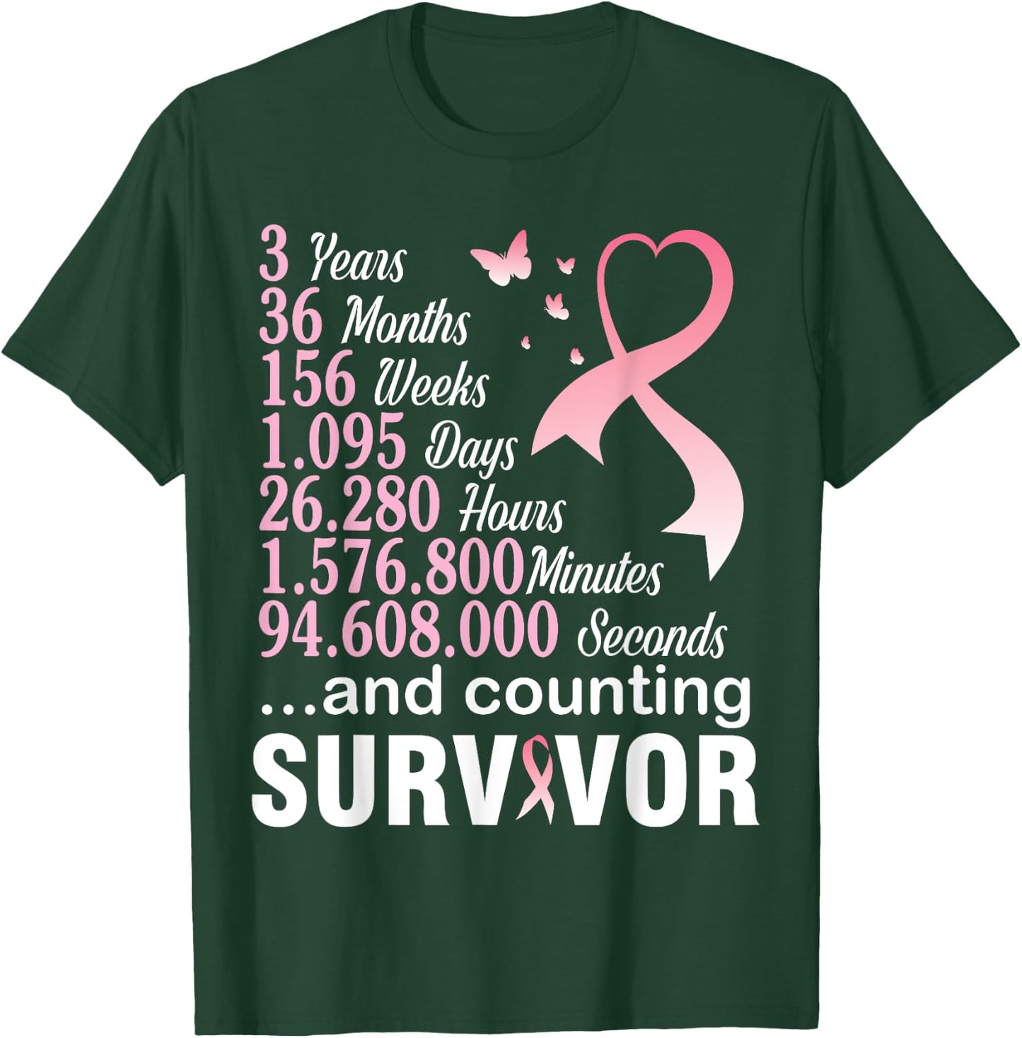 3 Years 36 Months & Counting Survivor Warrior Breast Cancer T-Shirt - T-Shirt | Forest