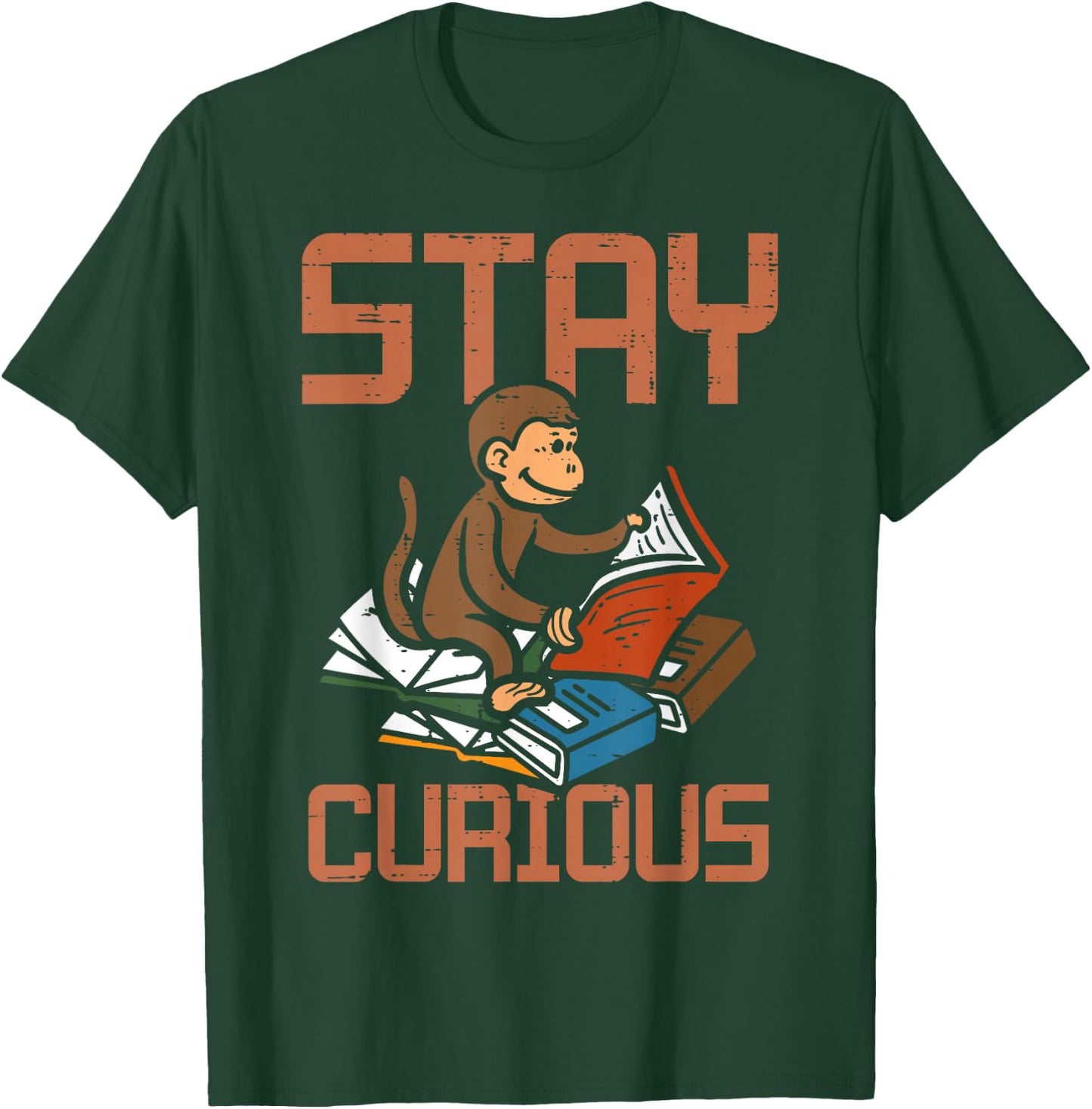 Stay Curious Monkey Reading Funny Book Lover Bookworm Kids T-Shirt - T-Shirt | Forest