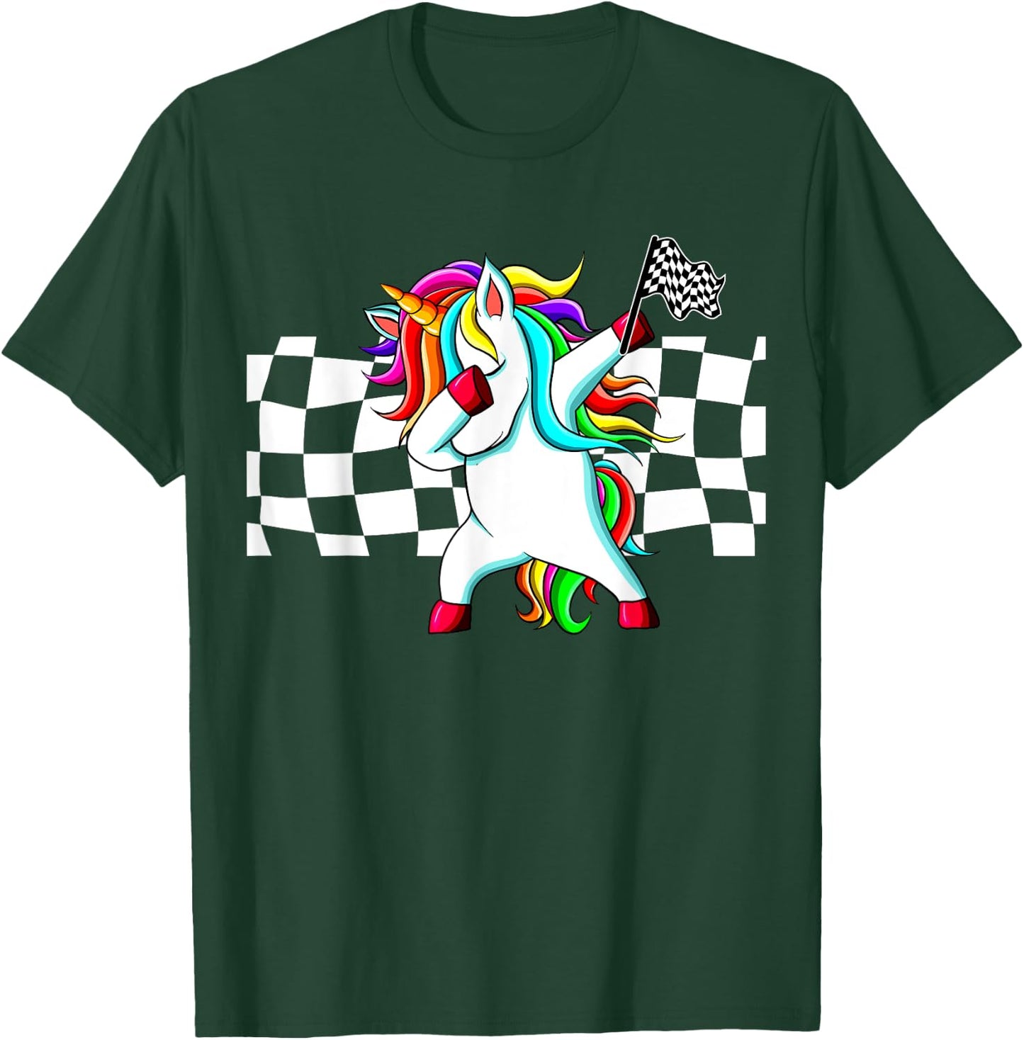 Racecar Racing Checker Flag Dabbing Unicorn Graphic T-Shirt - T-Shirt | Forest