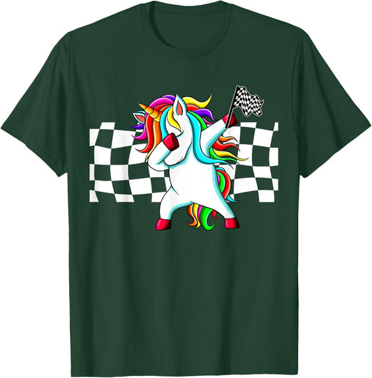 Racecar Racing Checker Flag Dabbing Unicorn Graphic T-Shirt - T-Shirt | Forest