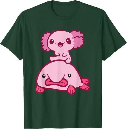 Kawaii Axolotl Riding A Blobfish Cute Axolotl T-Shirt - T-Shirt | Forest