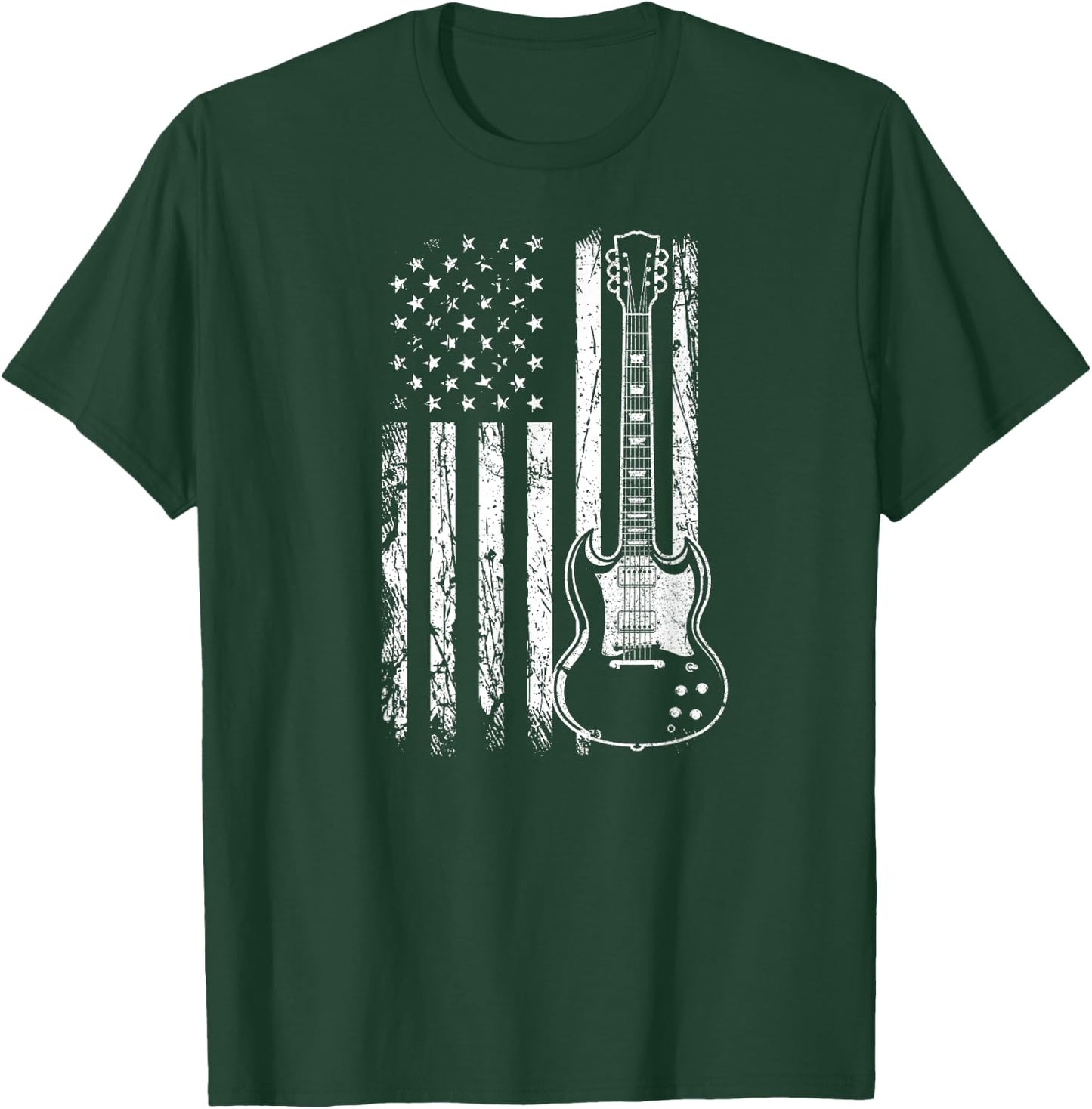 Patriotic SG Type Guitar Player American Flag Guitarist USA Women Men T-Shirt - T-Shirt | Forest