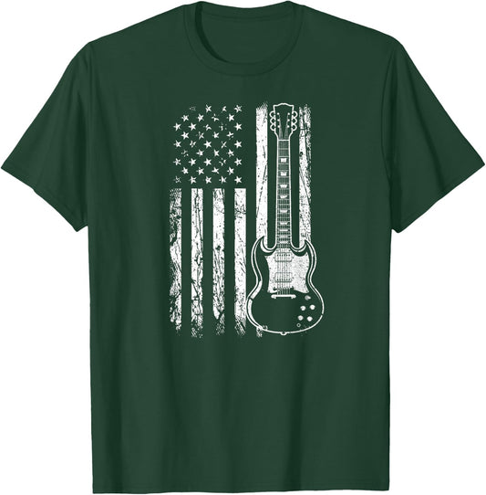 Patriotic SG Type Guitar Player American Flag Guitarist USA Women Men T-Shirt - T-Shirt | Forest