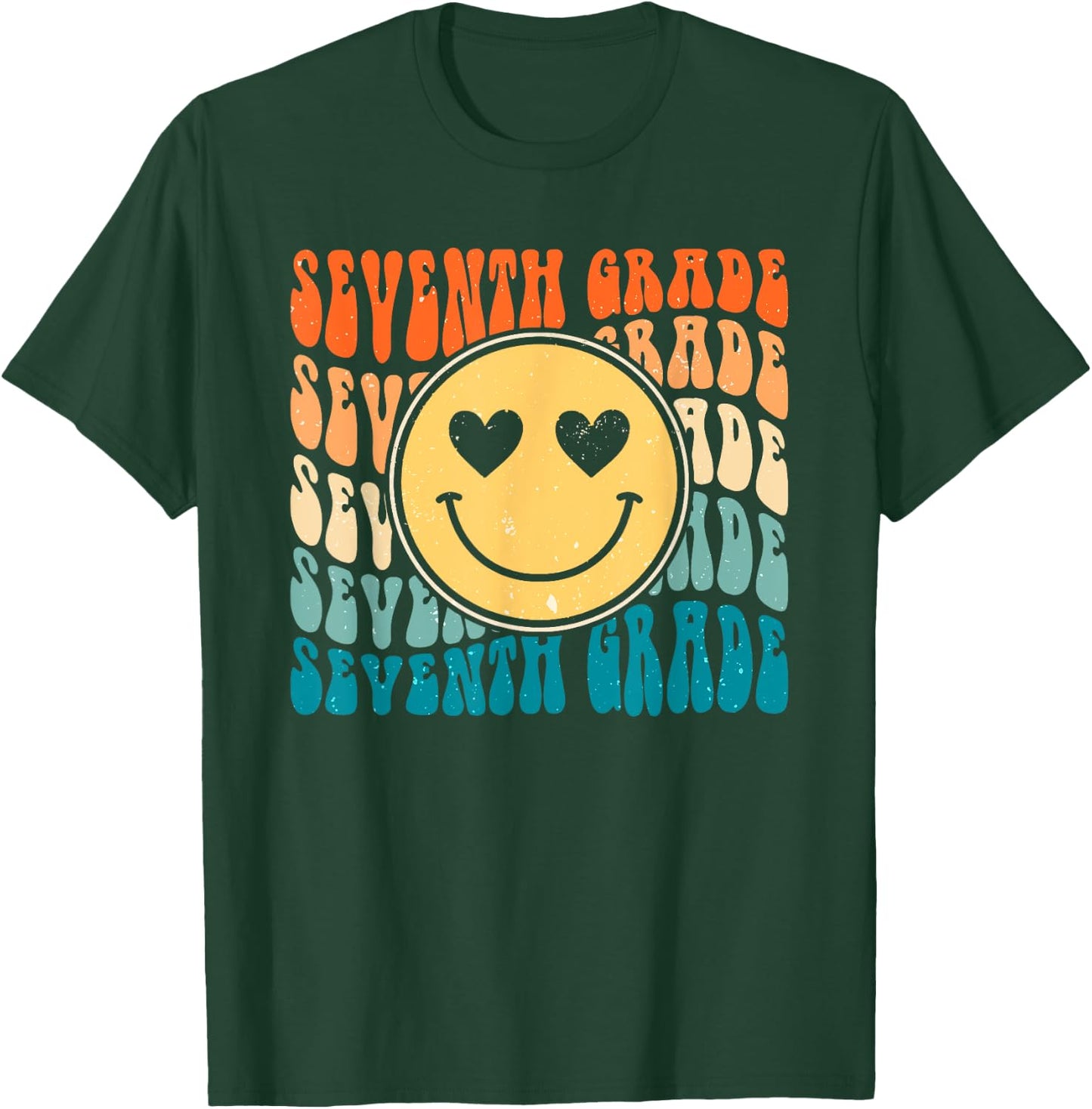 Boho Vintage Retro Groovy Smile 7th Seventh Grade Teacher T-Shirt - T-Shirt | Forest