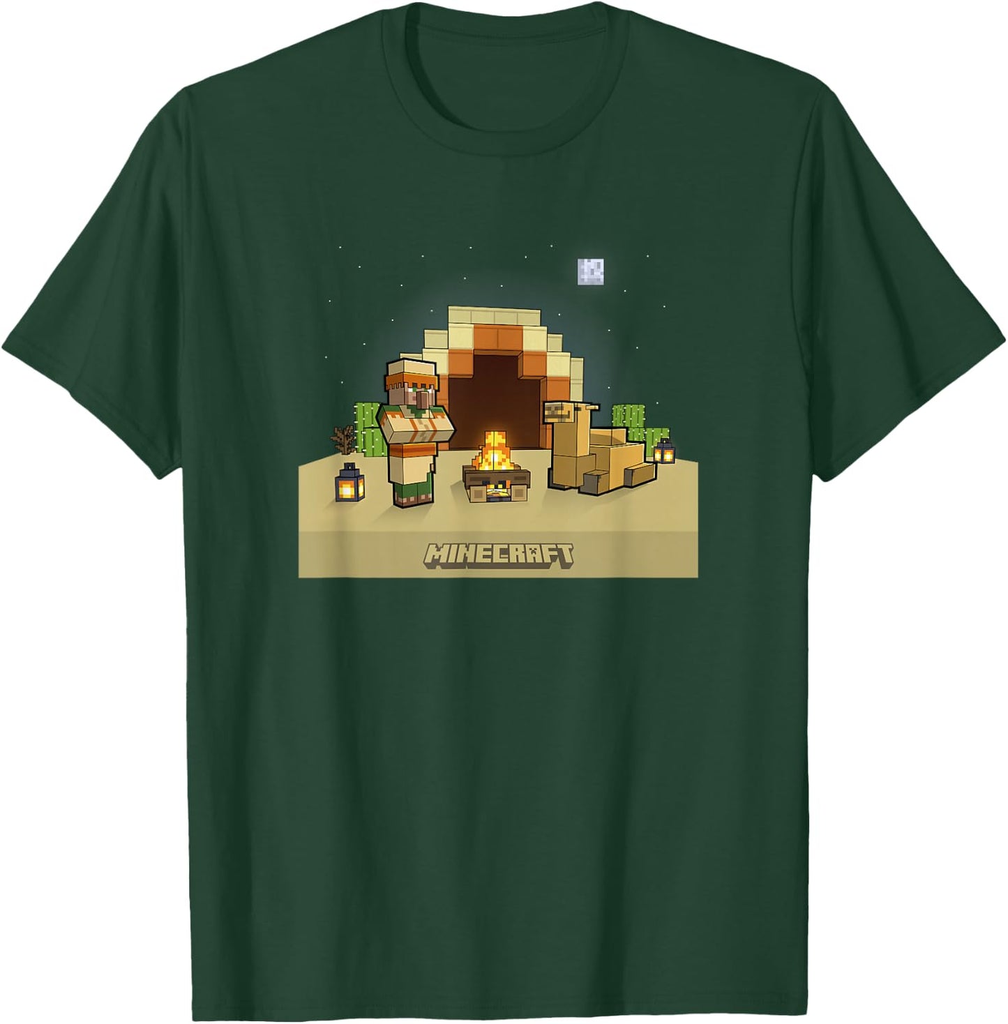 Minecraft Vanilla Villager & Camel Desert Fireplace At Night T-Shirt - T-Shirt | Forest