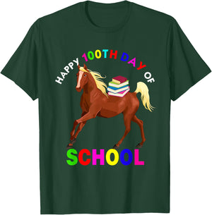 Happy 100th Days Of School Cute Horse Carrying Books Farm T-Shirt - T-Shirt | Forest