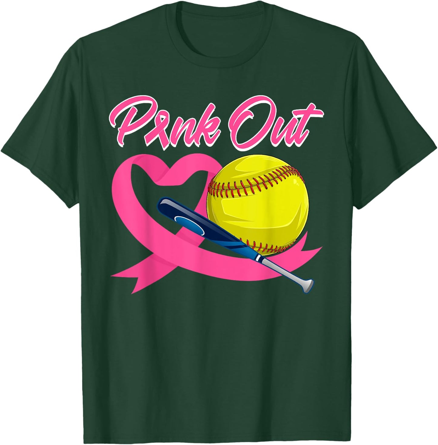 Pink Out Pink Ribbon Heart With Softball Ball Breast Cancer T-Shirt - T-Shirt | Forest