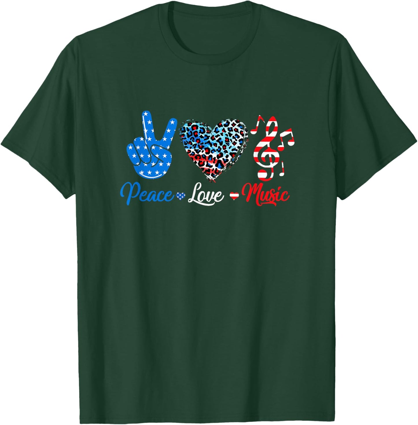 Peace Love Music Us Flag 4Th Of July Music Teacher Patriotic T-Shirt - T-Shirt | Forest