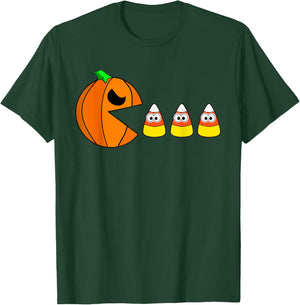 Funny Halloween Pumpkin Eating Candy Corn Gamer Boy Girl Kid T-Shirt - T-Shirt | Forest