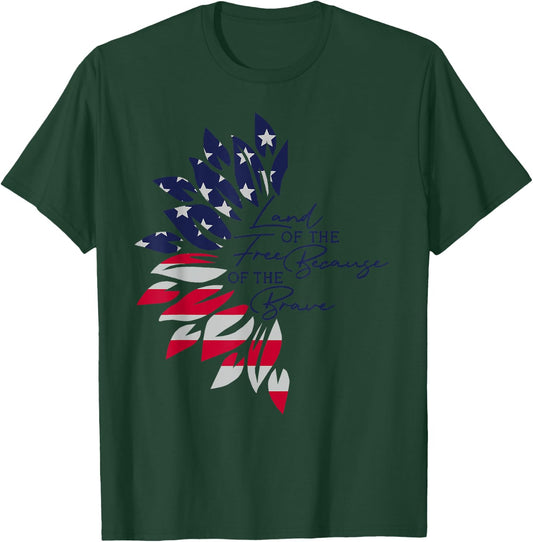 Land Of The Free Because Of The Brave Sunflower America Flag T-Shirt - T-Shirt | Forest