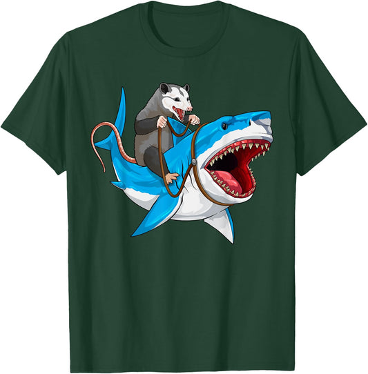 Funny Opossum Riding Shark Possum Trash Marsupial Mashup T-Shirt - T-Shirt | Forest