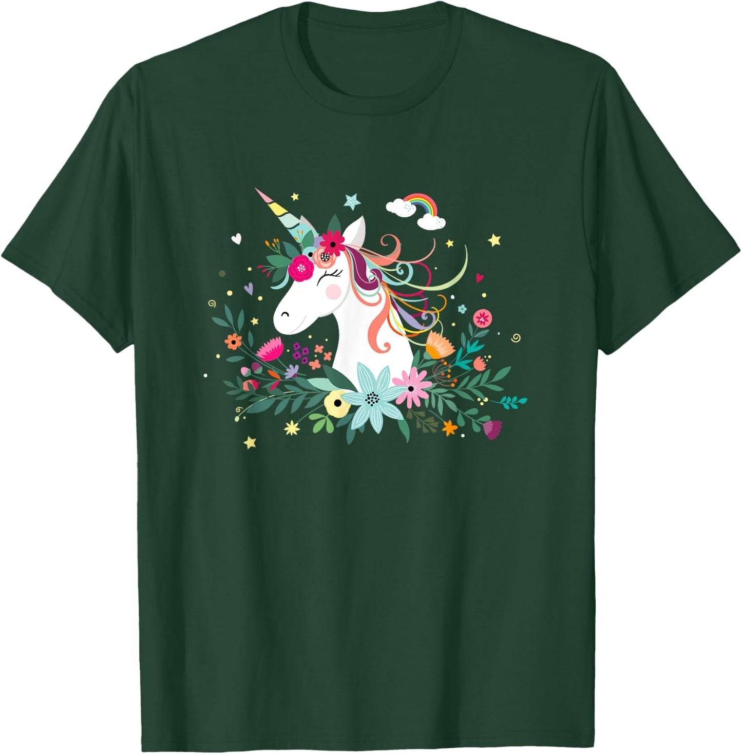 Funny Unicorn Dreams, Cute Kawaii Blinking Unicorn Flowers T-Shirt - T-Shirt | Forest