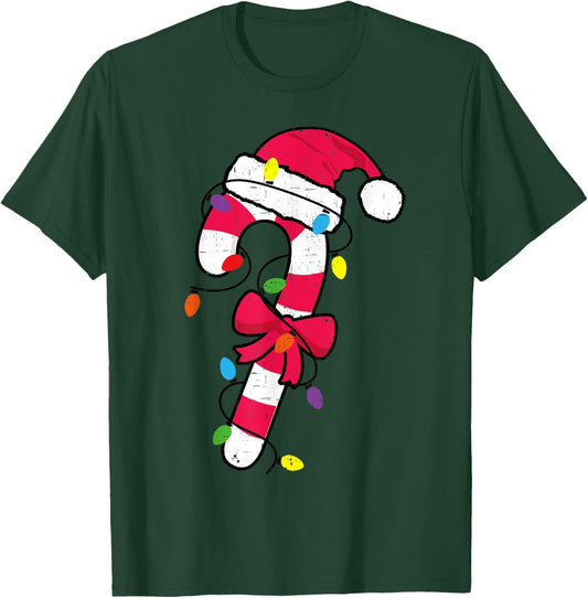 Cute Christmas Candy Cane Santa Hat and Christmas Lights T-Shirt - T-Shirt | Forest