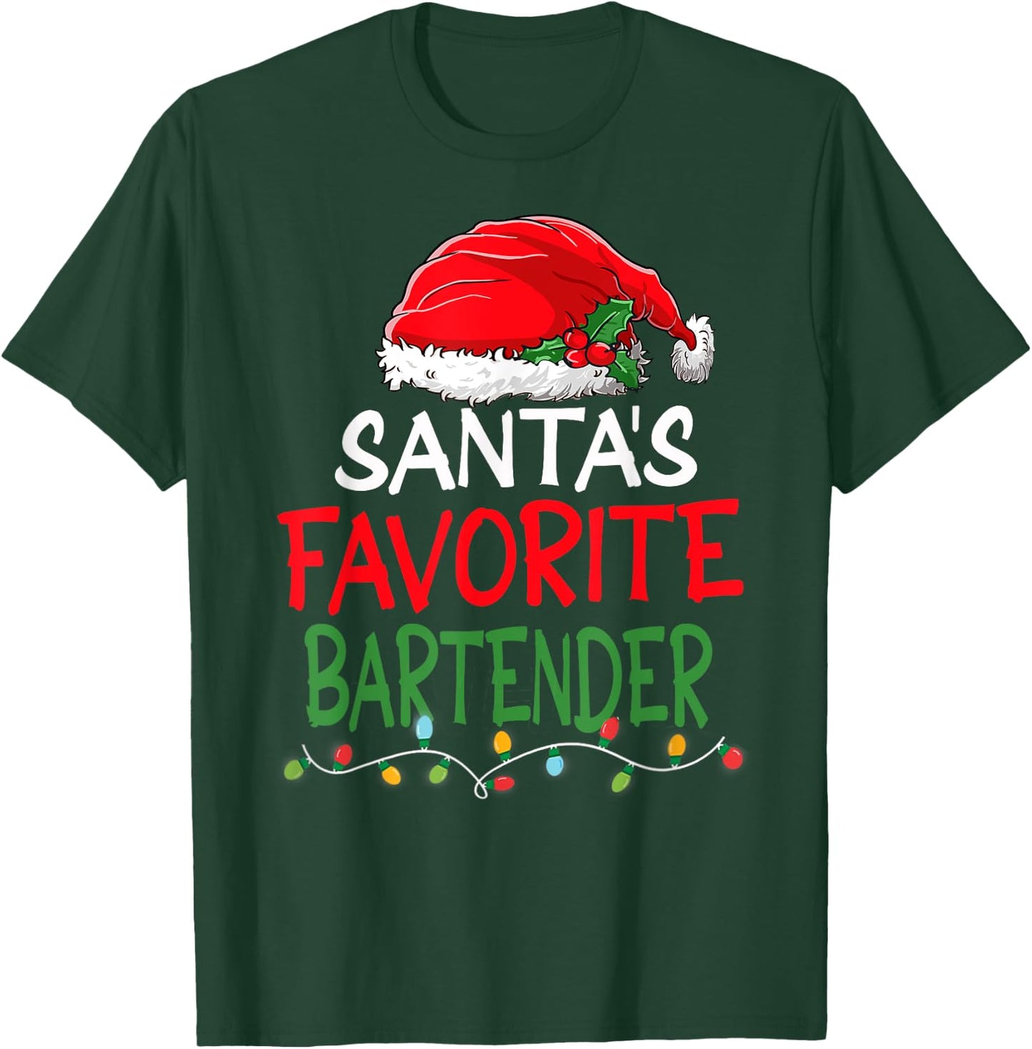 Santa's Favorite Bartender Christmas Santa Claus tree lights T-Shirt - T-Shirt | Forest