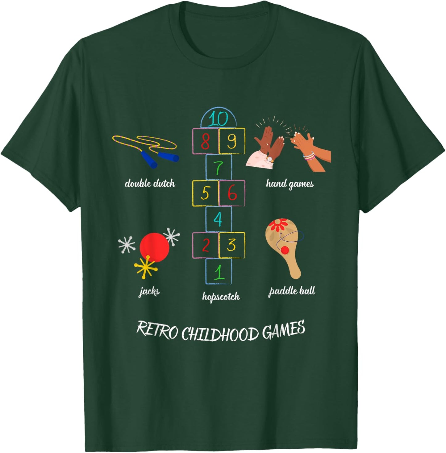 Vintage Childhood Outdoor Games Double Dutch Hopscotch Jacks T-Shirt - T-Shirt | Forest