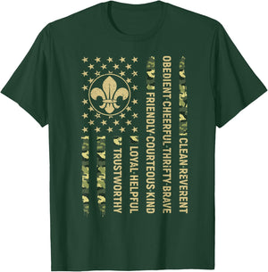 Scout Leader Funny Scout Camping Camo US America Flag T-Shirt - T-Shirt | Forest