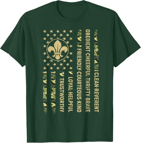 Scout Leader Funny Scout Camping Camo US America Flag T-Shirt - T-Shirt | Forest