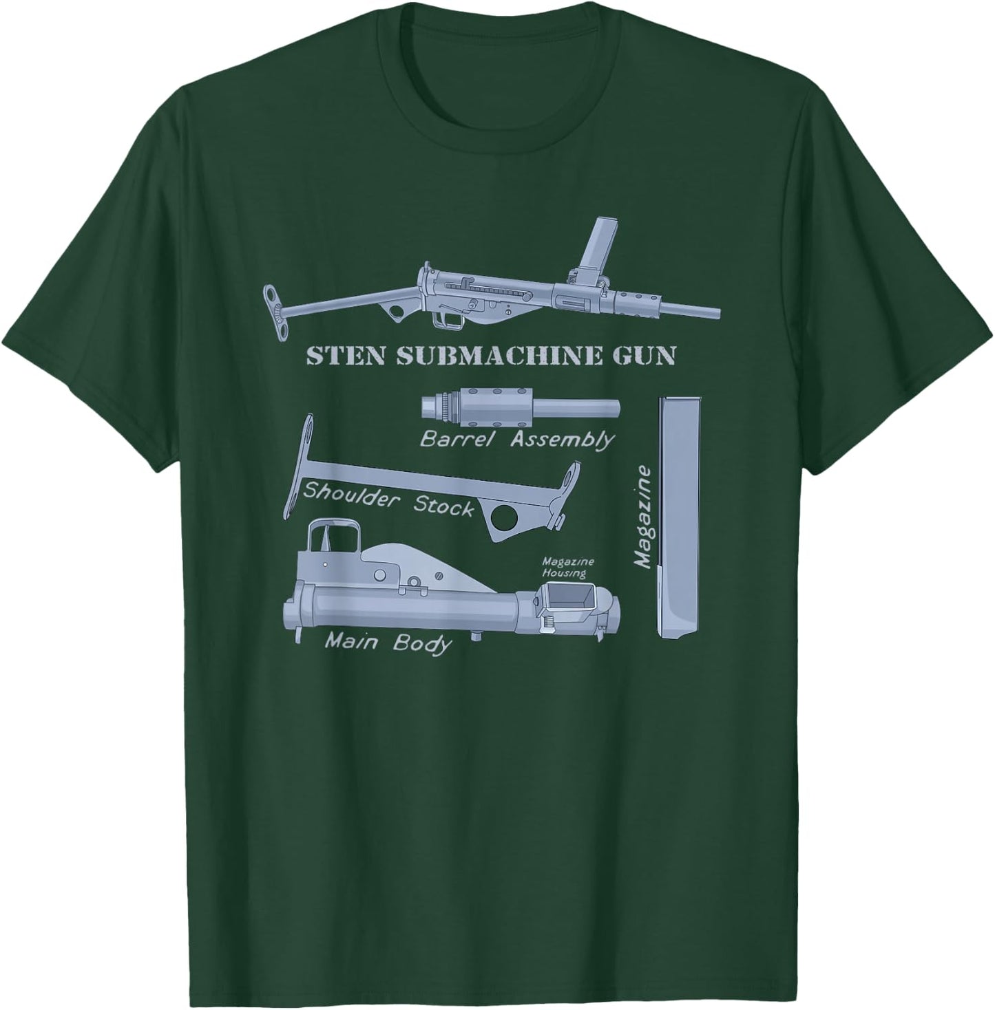 Sten Gun British WW2 Submachine Guns Diagrams T-Shirt - T-Shirt | Forest