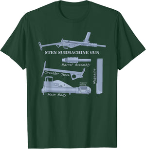 Sten Gun British WW2 Submachine Guns Diagrams T-Shirt - T-Shirt | Forest