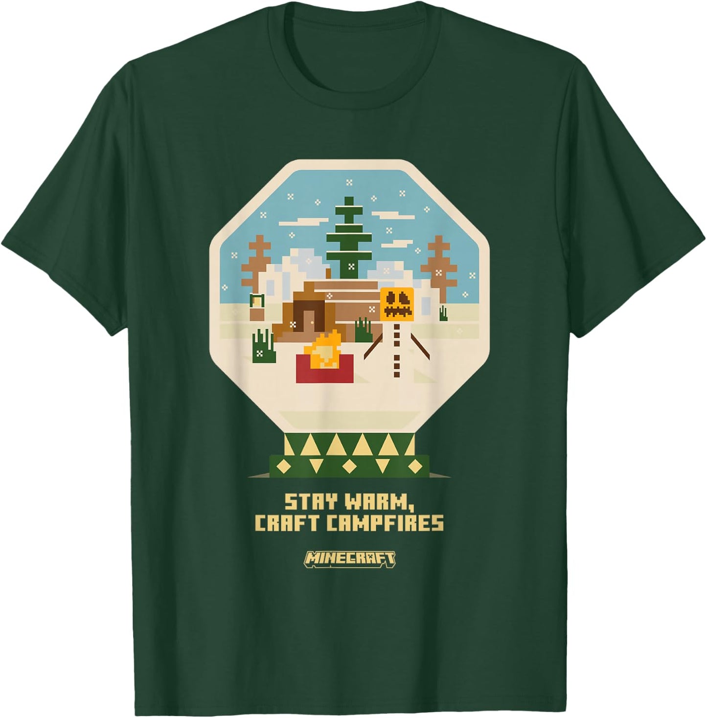 Minecraft Christmas Stay Warm Craft Campfires Snow Globe T-Shirt - T-Shirt | Forest