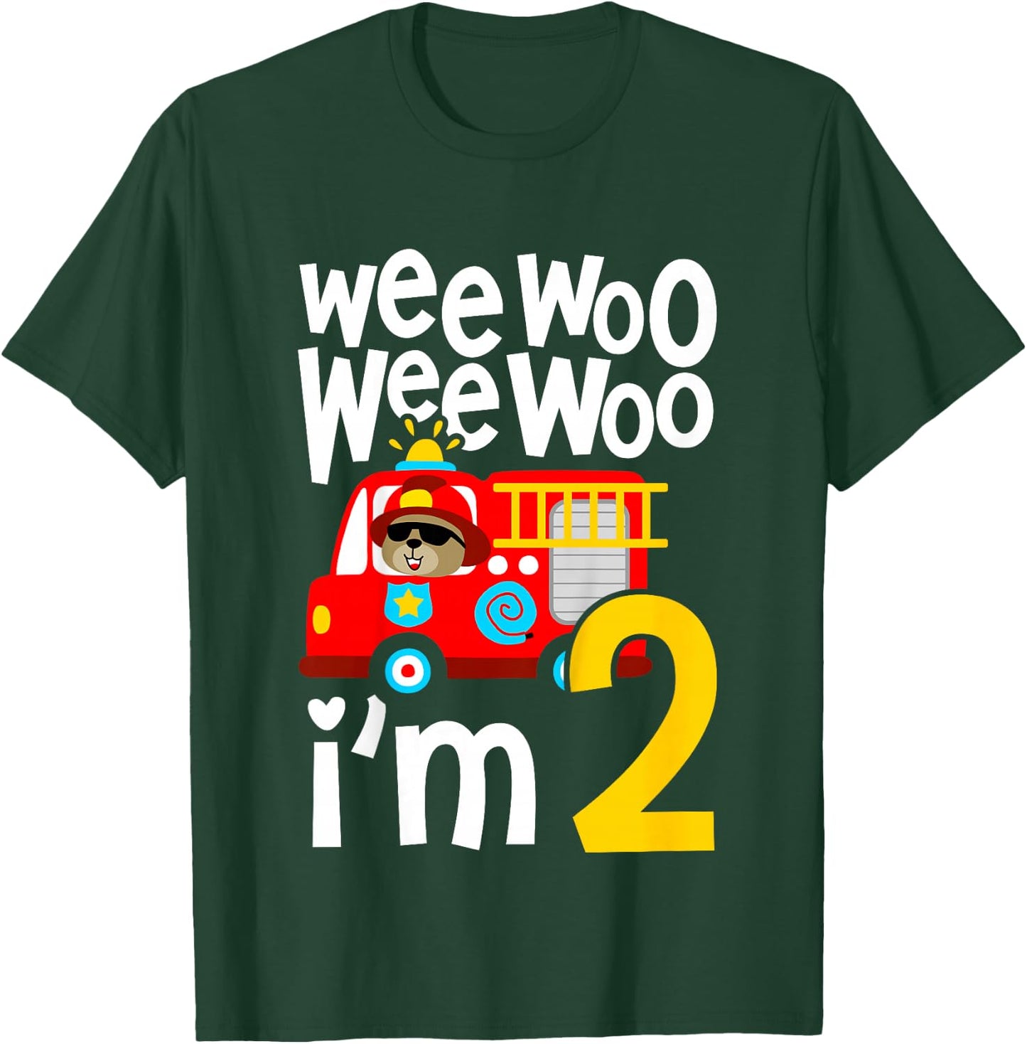 Kids Boys Birthday Wee Woo Wee Woo I'm 2 Red Fire Truck T-Shirt - T-Shirt | Forest