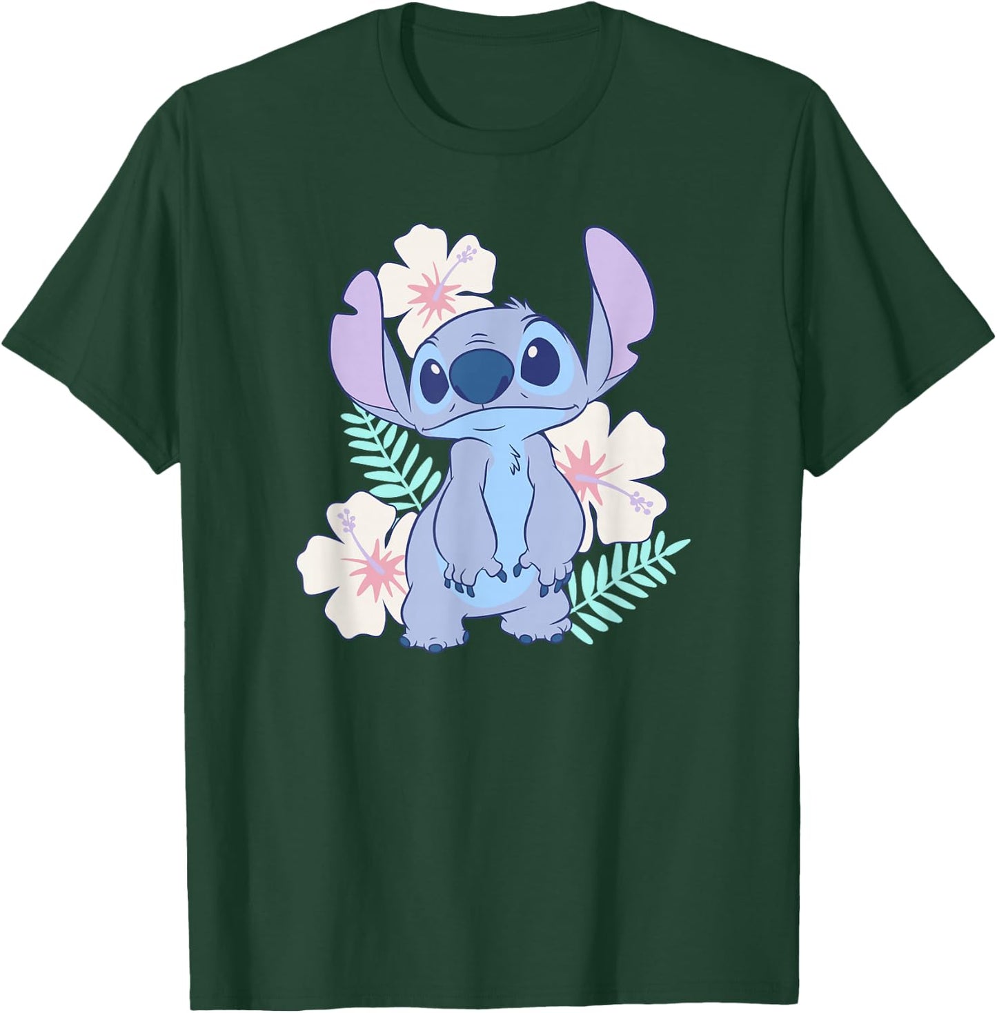 Disney Lilo & Stitch Cute Face Hawaiian Flowers Portrait T-Shirt - T-Shirt | Forest