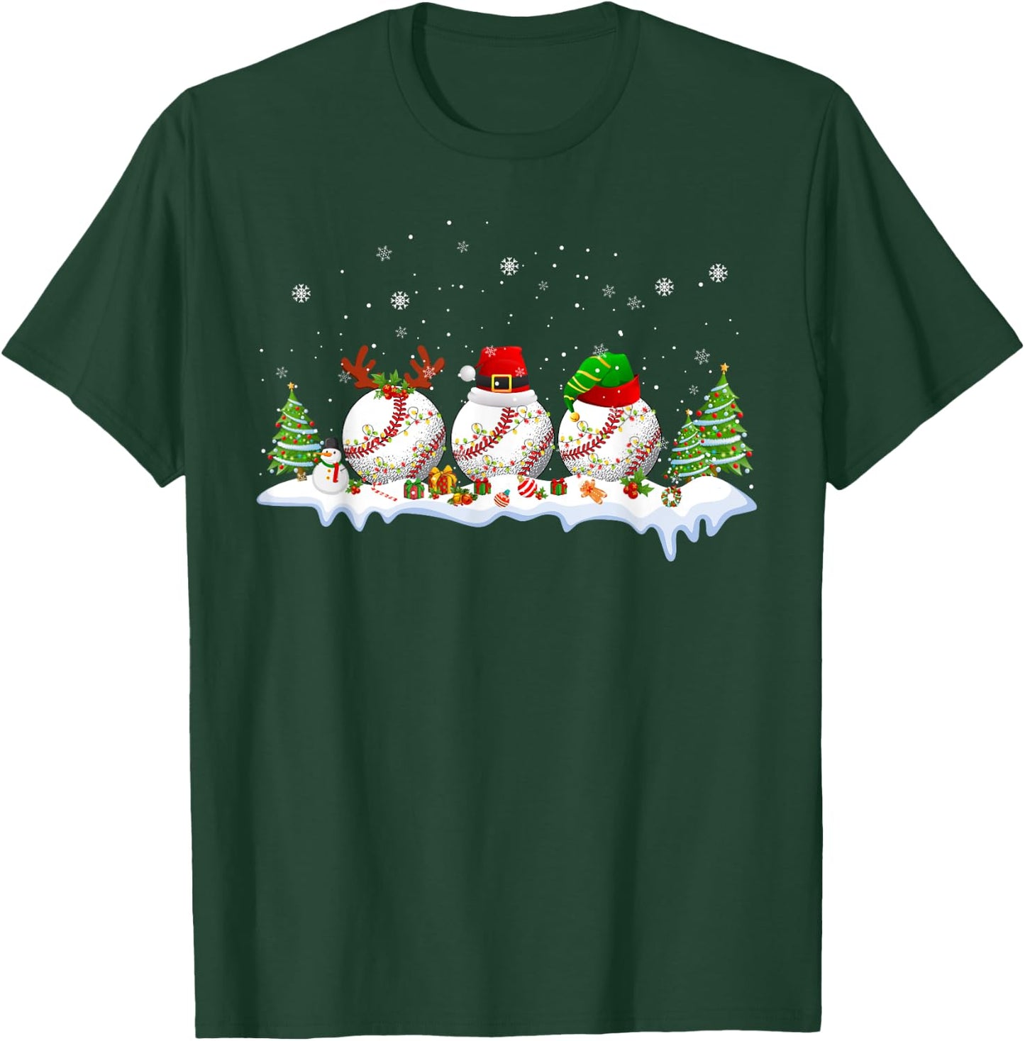 Santa Elf Reindeer Baseball Balls Xmas Tree Lights Christmas T-Shirt - T-Shirt | Forest