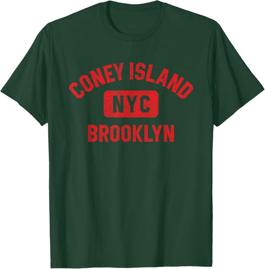 Coney Island NYC Brooklyn Gym Style Distressed Red Print T-Shirt - T-Shirt | Forest