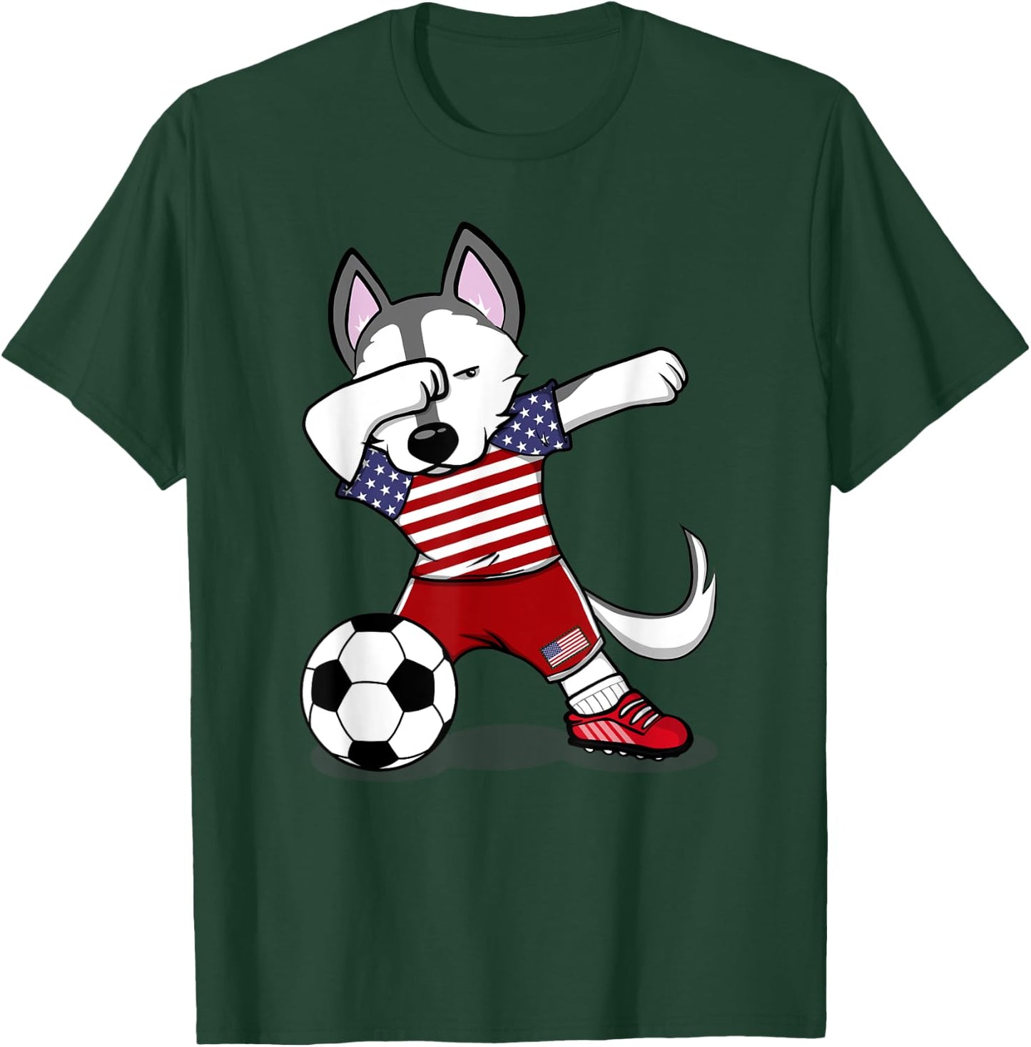 Dabbing Husky America Soccer Fans Jersey USA Flag Football T-Shirt - T-Shirt | Forest