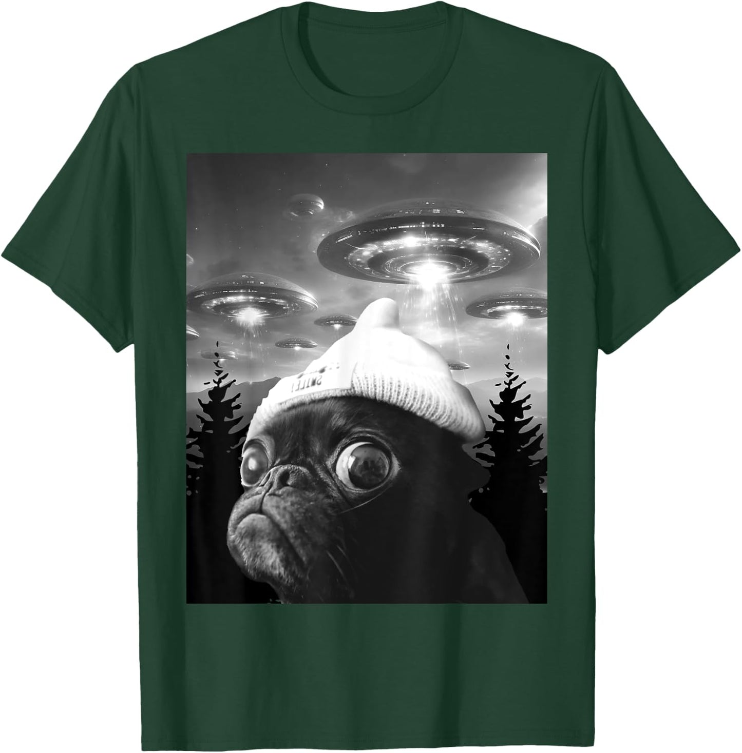 Cute Scared Pug Funny Dog Selfie With UFO T-Shirt - T-Shirt | Forest