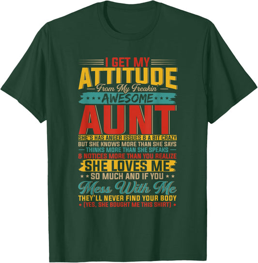 I Get My Attitude From My Freaking Awesome Aunt - Black - Small - -Kids - Vintage Casual - Letter Print - - Pull On - Classic Fit - Cotton 65%, Polyester 35% T-Shirt - T-Shirt | Forest