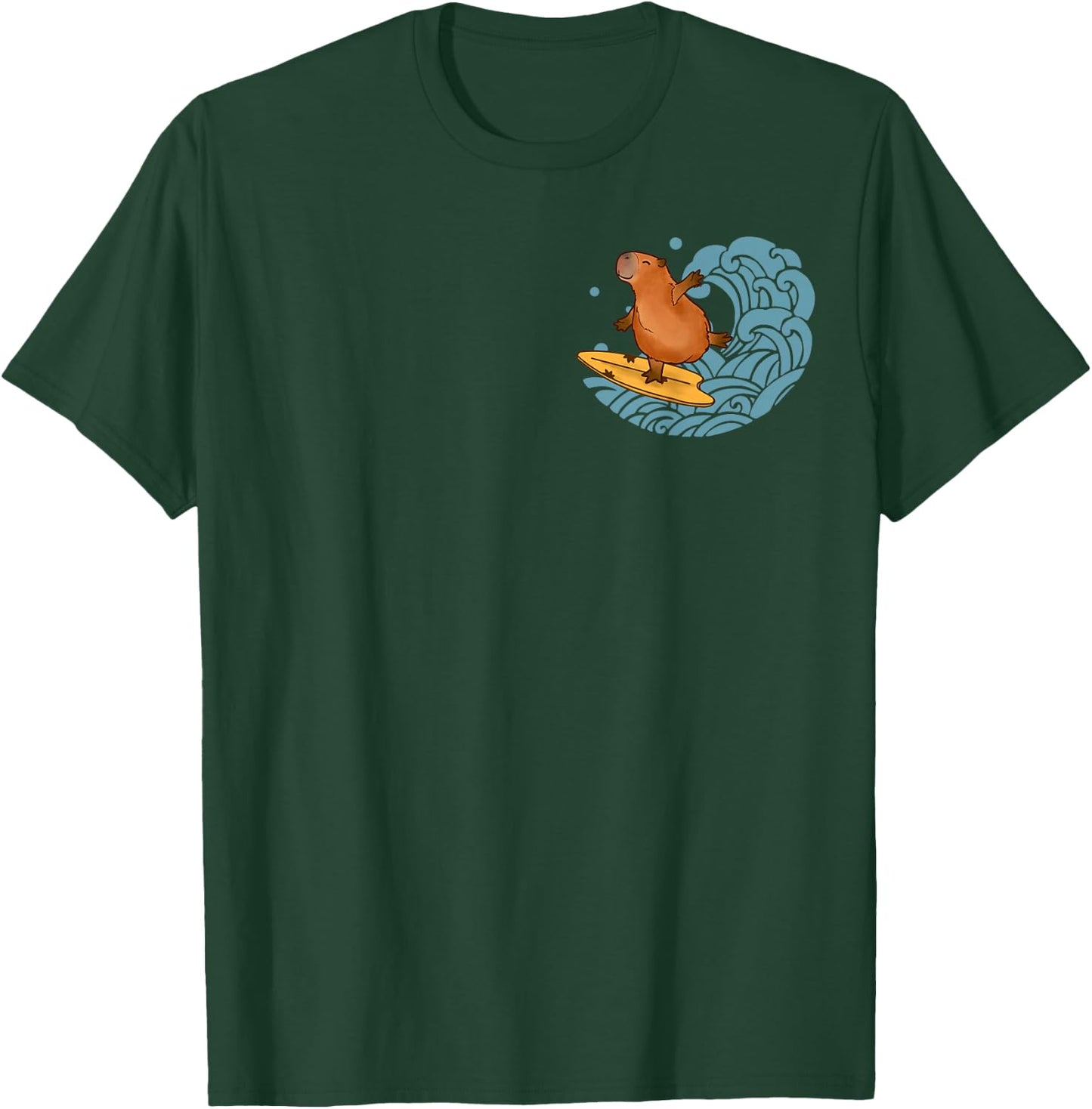 Vintage Cute Capybara Surfing The Great Wave Kanagawa Pocket T-Shirt - T-Shirt | Forest