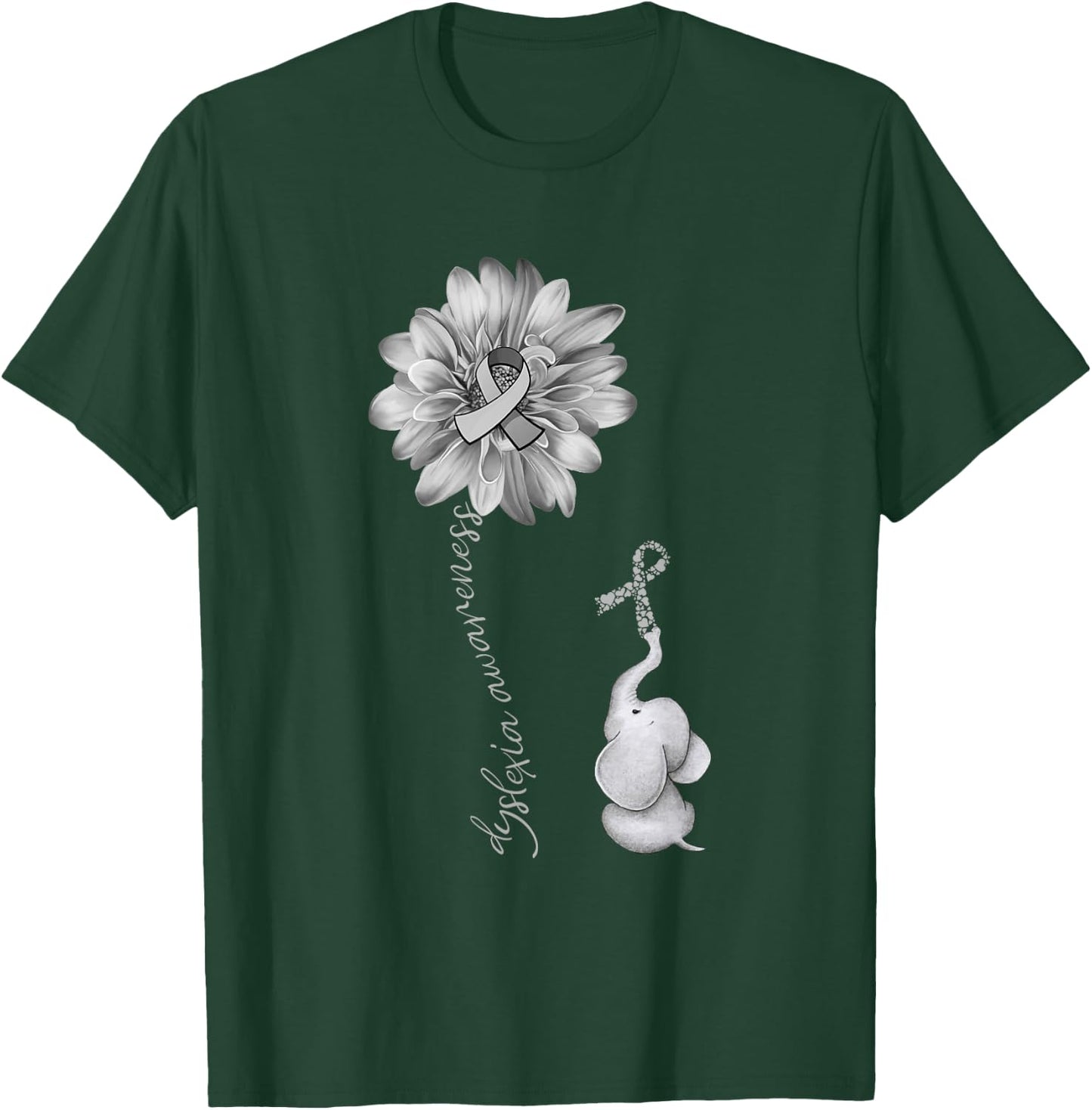 Elephant Sunflower Gray Ribbon Dyslexia Awareness T-Shirt - T-Shirt | Forest