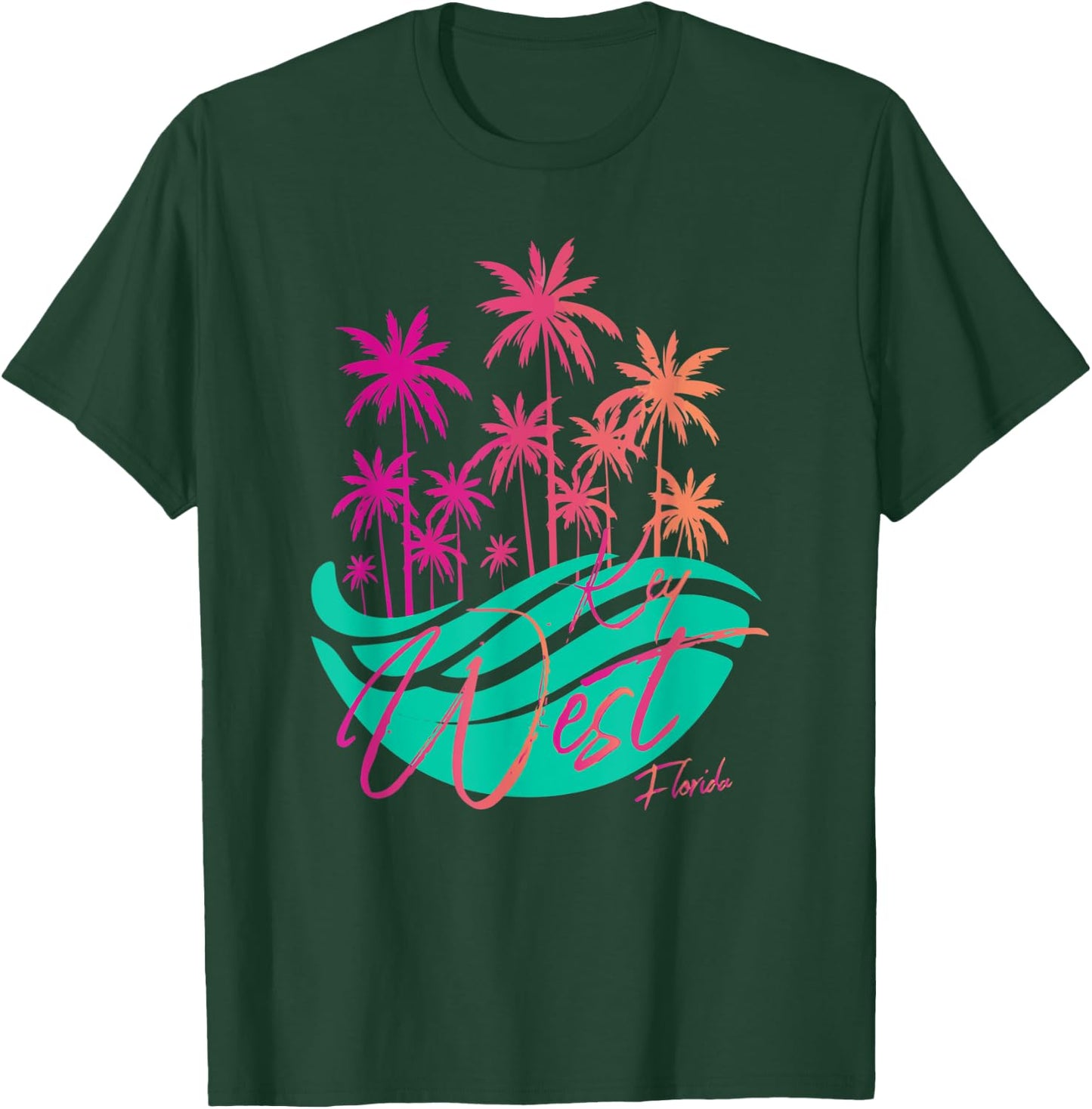 Retro Key West Florida Colorful Palm Trees And Ocean Waves T-Shirt - T-Shirt | Forest