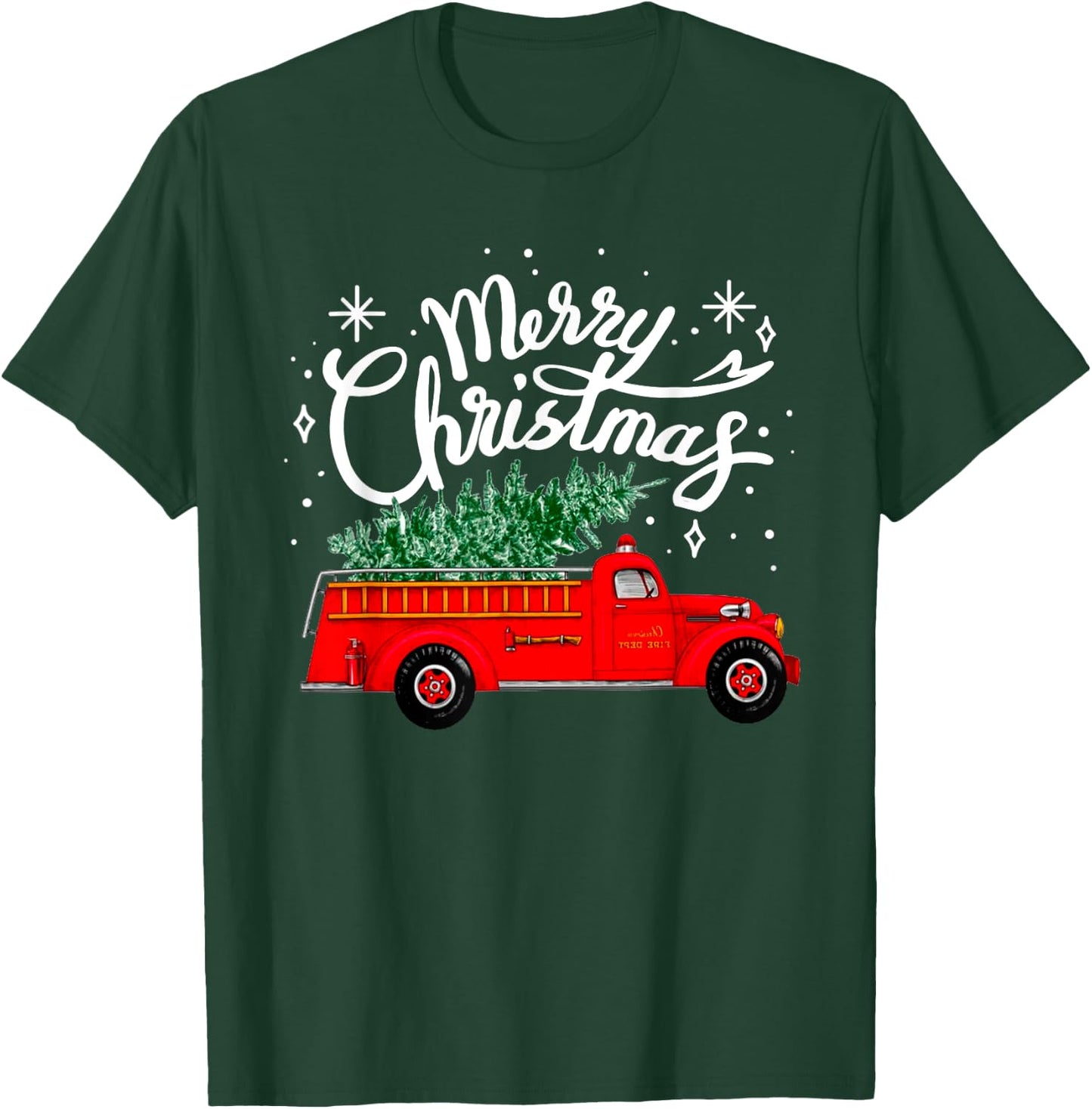 Funny Merry Christmas Fire Truck Xmas Tree Firefighter 2024 T-Shirt - T-Shirt | Forest