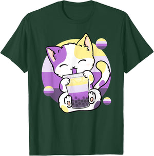 Cat Boba Tea Bubble Tea Anime Kawaii Neko Non-Binary Kitten T-Shirt - T-Shirt | Forest