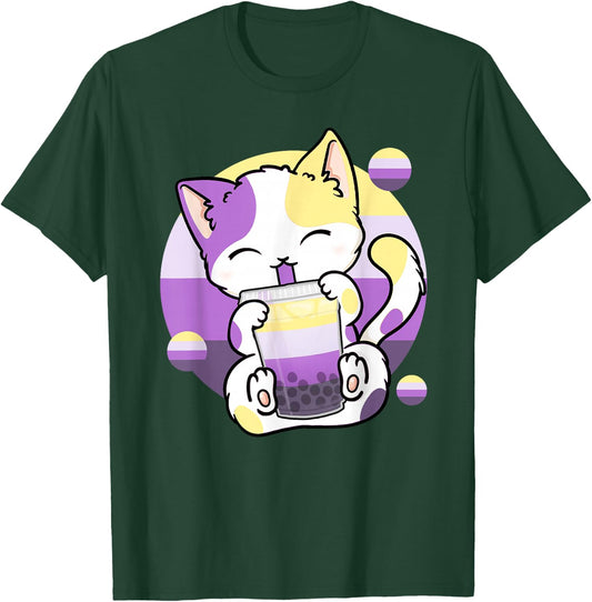 Cat Boba Tea Bubble Tea Anime Kawaii Neko Non-Binary Kitten T-Shirt - T-Shirt | Forest