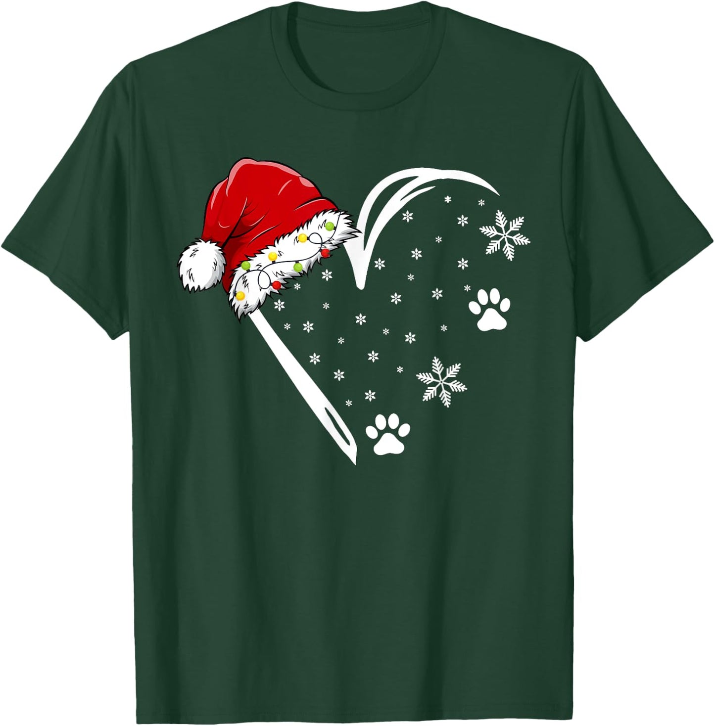 Dog Paw Print Heart Santa Hat Christmas Lights Animal Lover Women Kids T-Shirt - T-Shirt | Forest