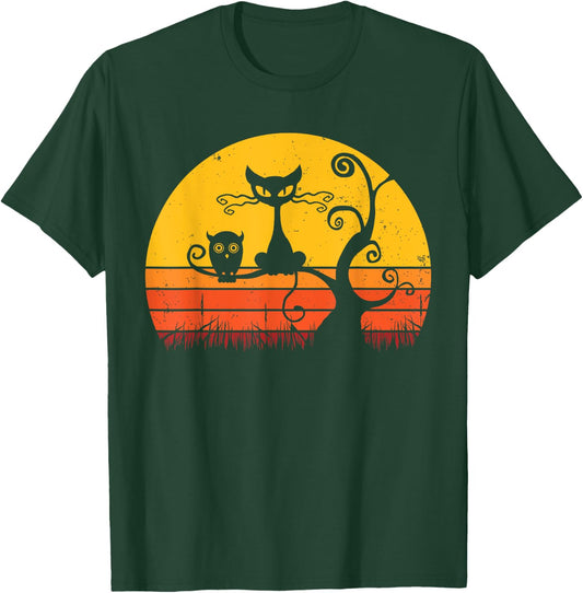 Retro Cat Shirt Owl Kitten Lover Funny Black Cat T-Shirt - T-Shirt | Forest