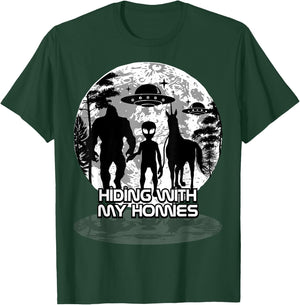 Bigfoot Alien Unicorn UFO Cryptids Hiding with my Homies T-Shirt - T-Shirt | Forest