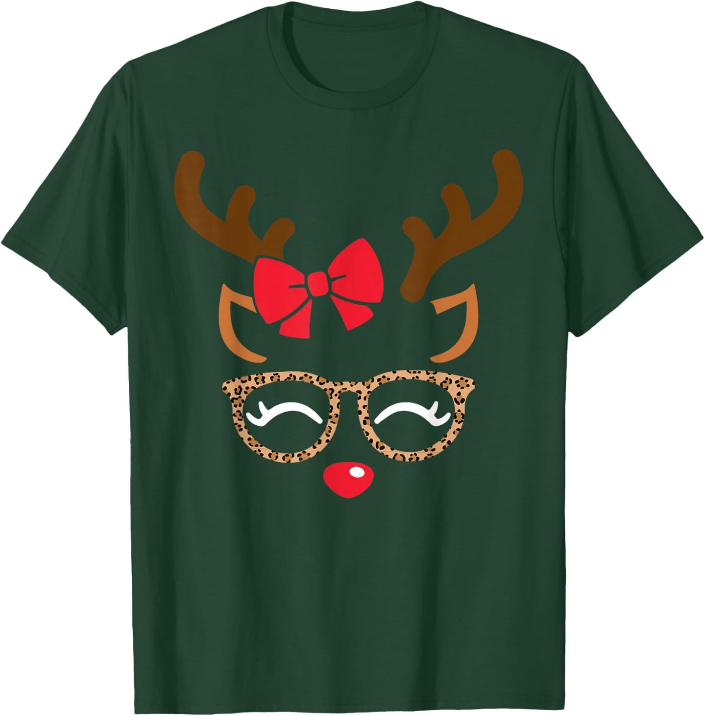 Reindeer Face Bow Leopard Glasses Christmas Girls Pajama T-Shirt - T-Shirt | Forest