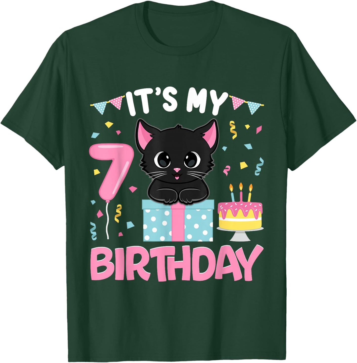 Its My 7th Birthday Girl Cat Birthday 7 Year Old BDay Party T-Shirt - T-Shirt | Forest