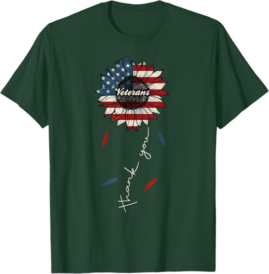 Thank You Veterans Sunflower US America Flag Patriotic Women T-Shirt - T-Shirt | Forest