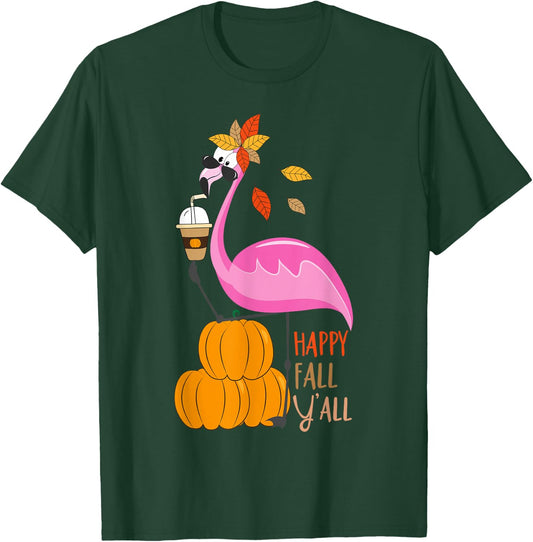 Happy Fall Y'all Pumpkin Flamingo Autumn Graphic T-Shirt - T-Shirt | Forest