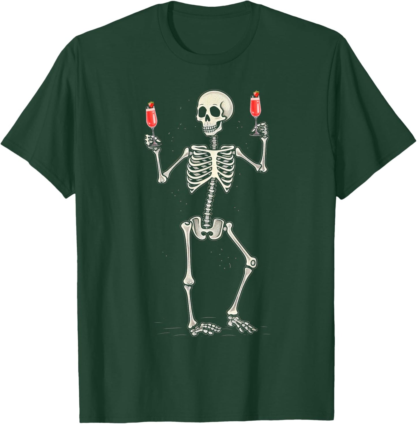 Funny Halloween Skeleton Drinking Strawberry Mimosa Cocktail T-Shirt - T-Shirt | Forest