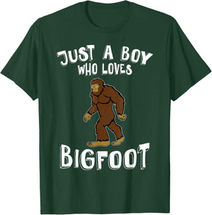 Just A Boy Who Loves Bigfoot Hunter Animal Lover Camping T-Shirt - T-Shirt | Forest