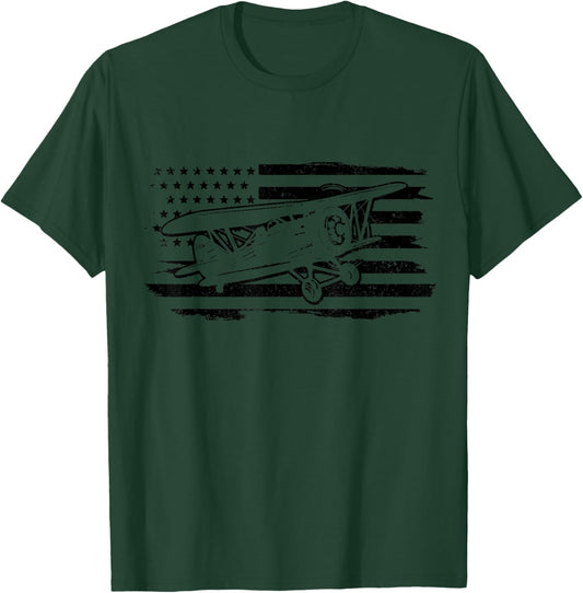 Airplane Pilot Vintage Flag Double Decker Aviation T-Shirt - T-Shirt | Forest