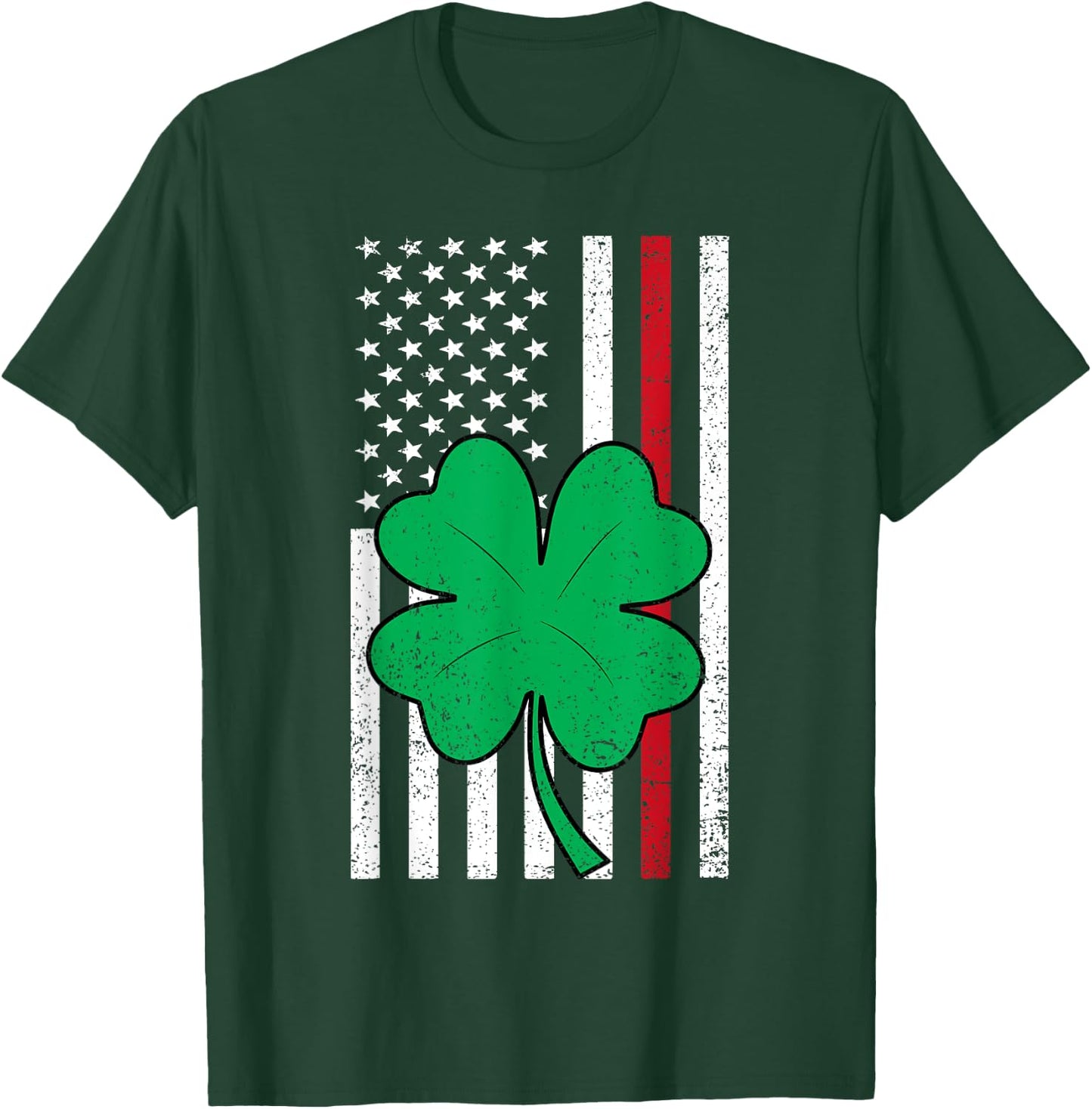 Shamrock American Flag Red Line St Patricks Day Firefighter Women Kids Men T-Shirt - T-Shirt | Forest