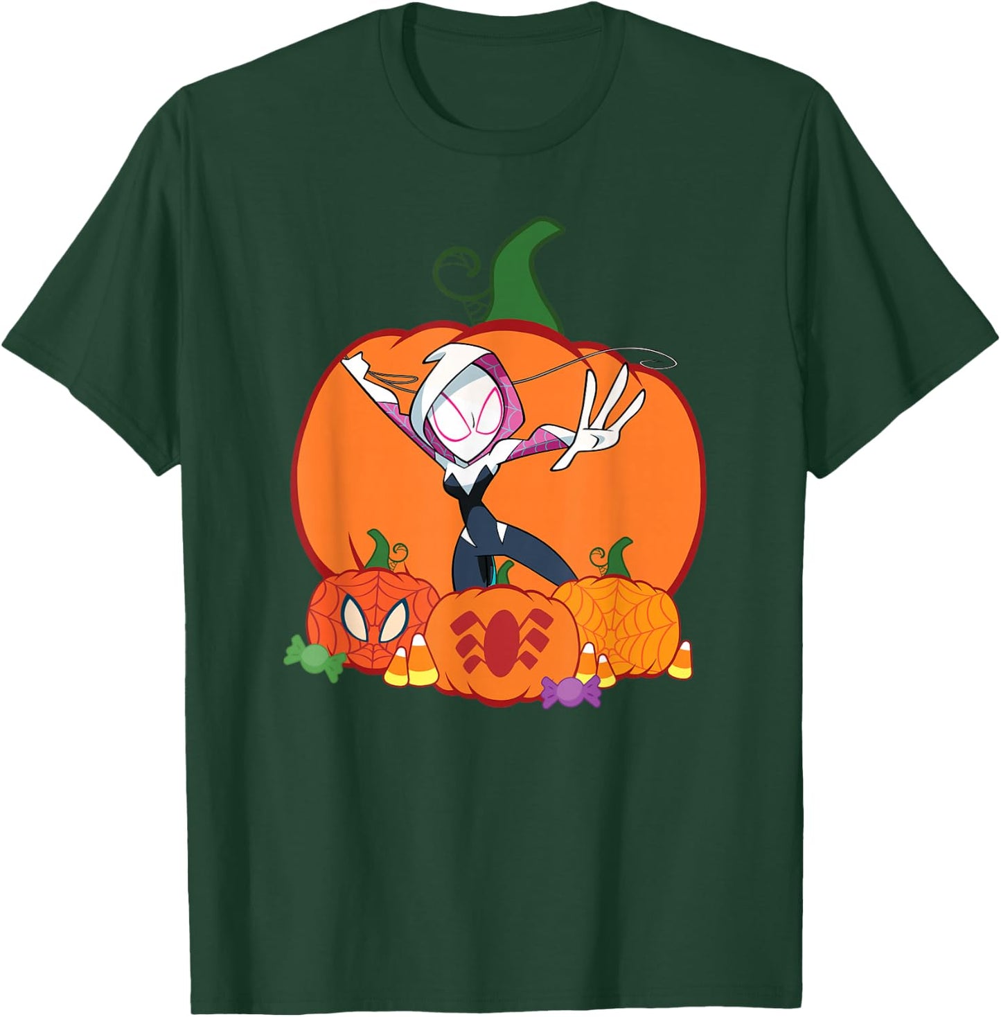 Marvel Spider-Gwen Ghost Spider Halloween with Pumpkins T-Shirt - T-Shirt | Forest