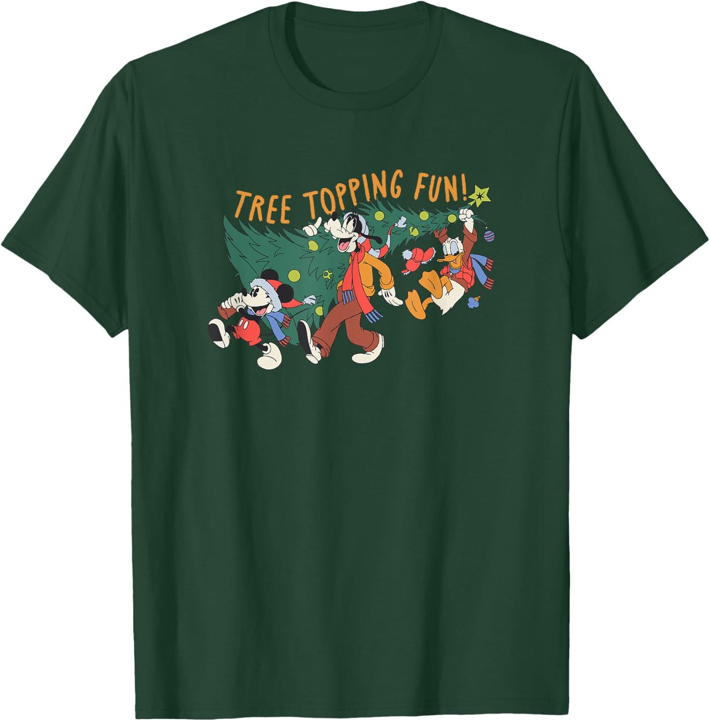 Amazon Essentials Men's Mickey Mouse Goofy and Donald Christmas Tree Topping Fun , Black Graphic Print, Small T-Shirt - T-Shirt | Forest